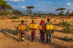 Four women with yellow backpacks walk in search of resources