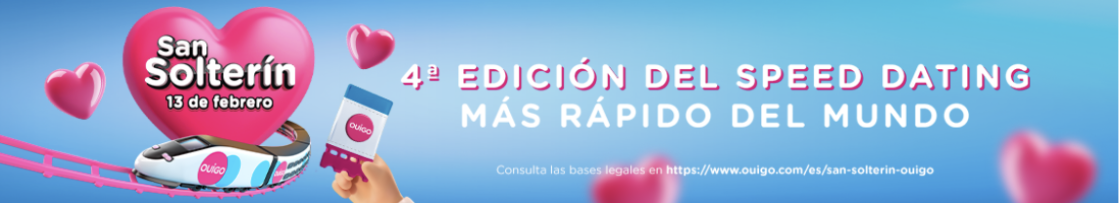 Blue and pink poster about the 4th edition of Singles Day Speed Dating of Ouigo